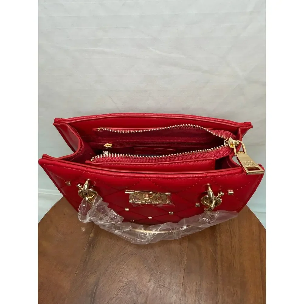 Badgley Mischka Red Quilted Studded Top Handle Satchel Crossbody NWT $129